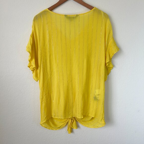 Rachel Roy Top Womens 0X Plus Yellow Silver Metallic Striped Front Tie Blouse - Picture 6 of 7